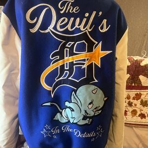 Blue & White Bomber Jacket with Devil Graphic